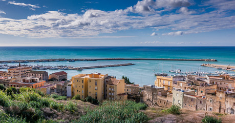SCIACCA, ITALY - October 18, 2009: panoramic view of coastline in Sciacca, Italy - obrazy, fototapety, plakaty