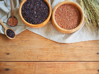 Thailand jasmine black and brown rice top view with copy space.