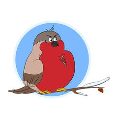 Vector bullfinch. A funny bird on a branch covered with snow. Evil Bullfinch
