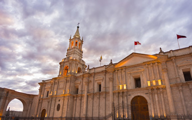 Cathedral of Arequipa, Peru, with stunning sky at dusk