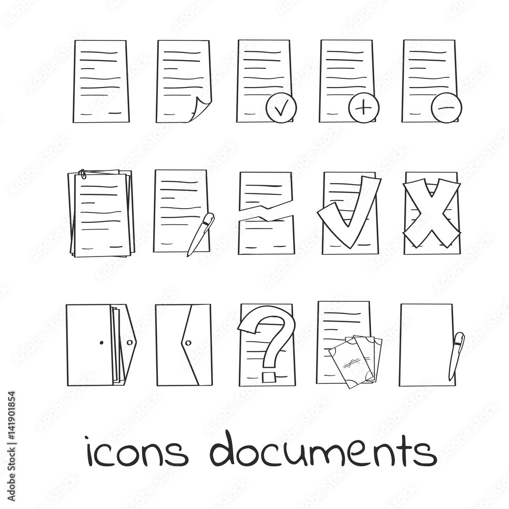 Fototapete Hand draw icons of documents and contracts. Collection of Linear Marks of Securities. For web and app design