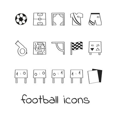 Hand draw icons football. Collection of linear signs of soccer. For web and app design