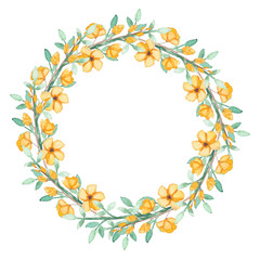 Wreath With Watercolor Yellow Flowers and Green Herbs