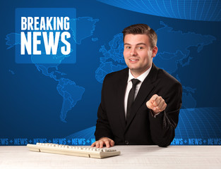 Television presenter in front telling breaking news with blue modern background