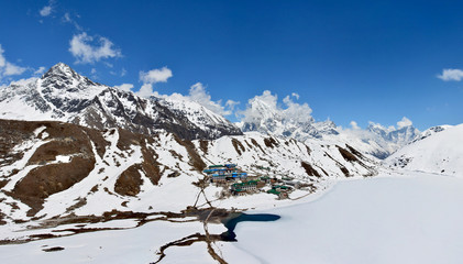 Panorama from the top of the mountain Gokyo Ri, Nepal. Beautiful Gokyo lake covered with snow.