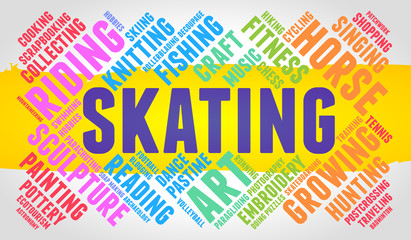 Skating. Word cloud, multicolor font, yellow stripe, grey gradient background. Hobby.