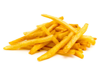 A pile of appetizing french fries on a white
