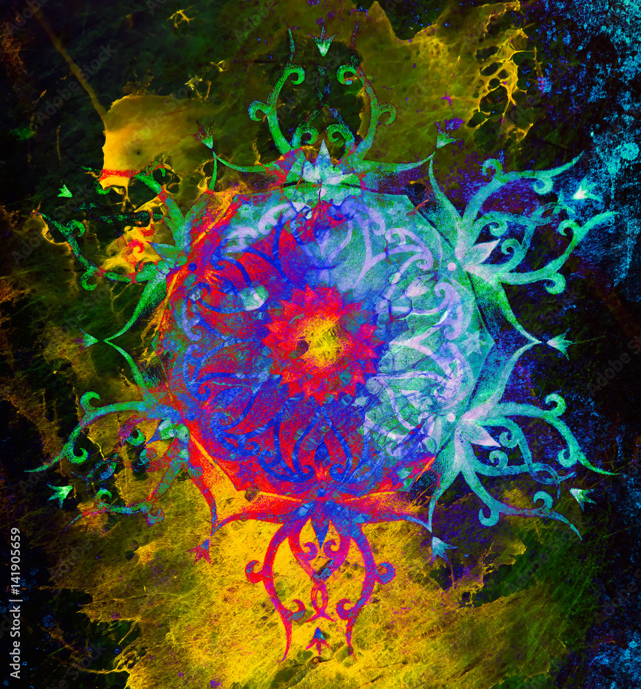 Poster ornamental mandala on abstract structured background with graphic effect.