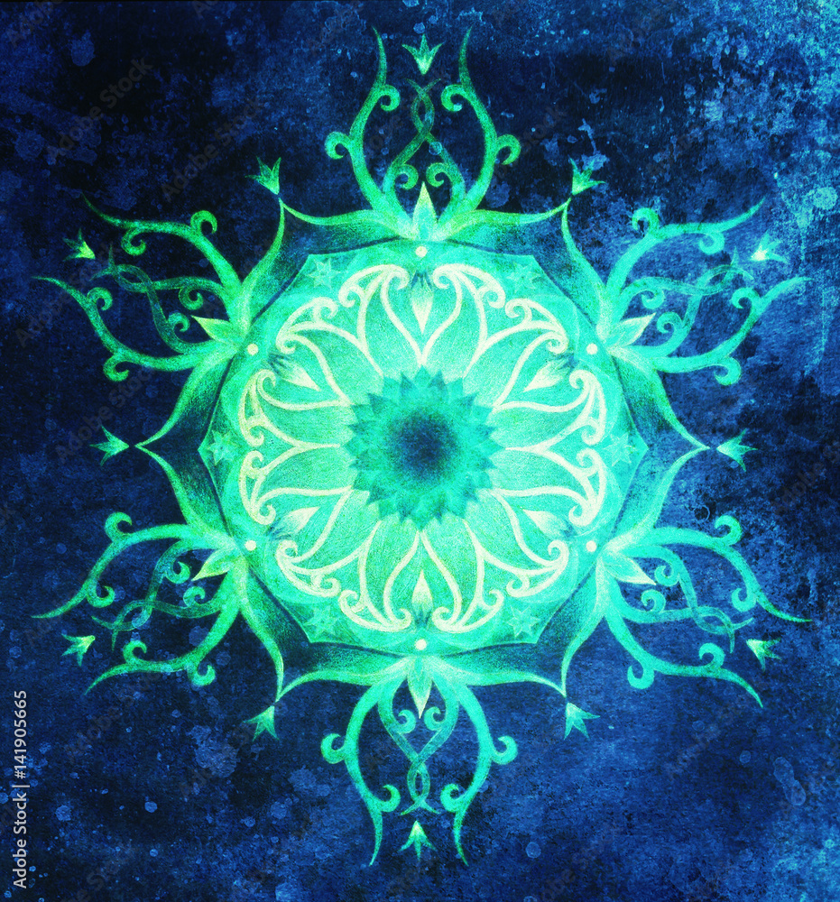 Poster ornamental mandala on abstract structured background with graphic effect.
