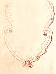 linear drawing of ornamental frame with filigrane pattern on abstract background.