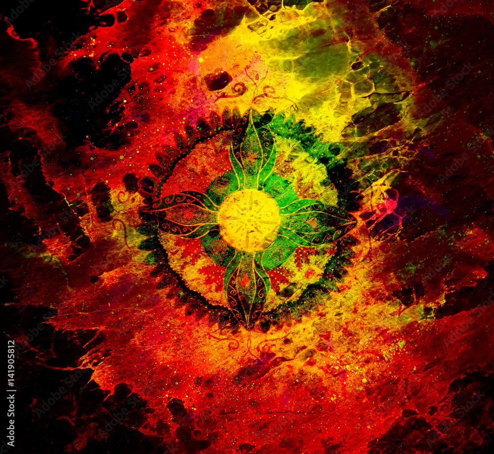 Poster ornamental mandala on abstract structured background with graphic effect.