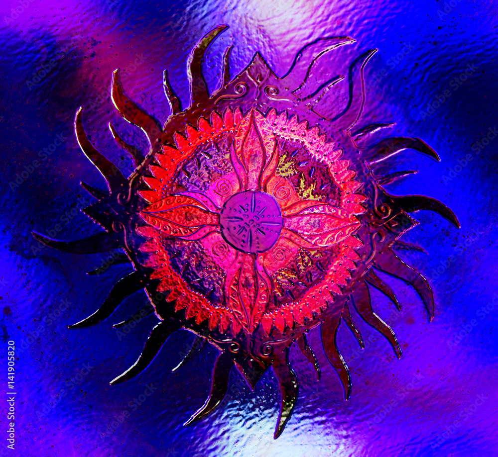 Poster ornamental mandala on abstract structured background with graphic effect.