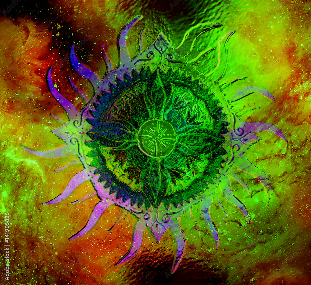Poster ornamental mandala on abstract structured background with graphic effect.
