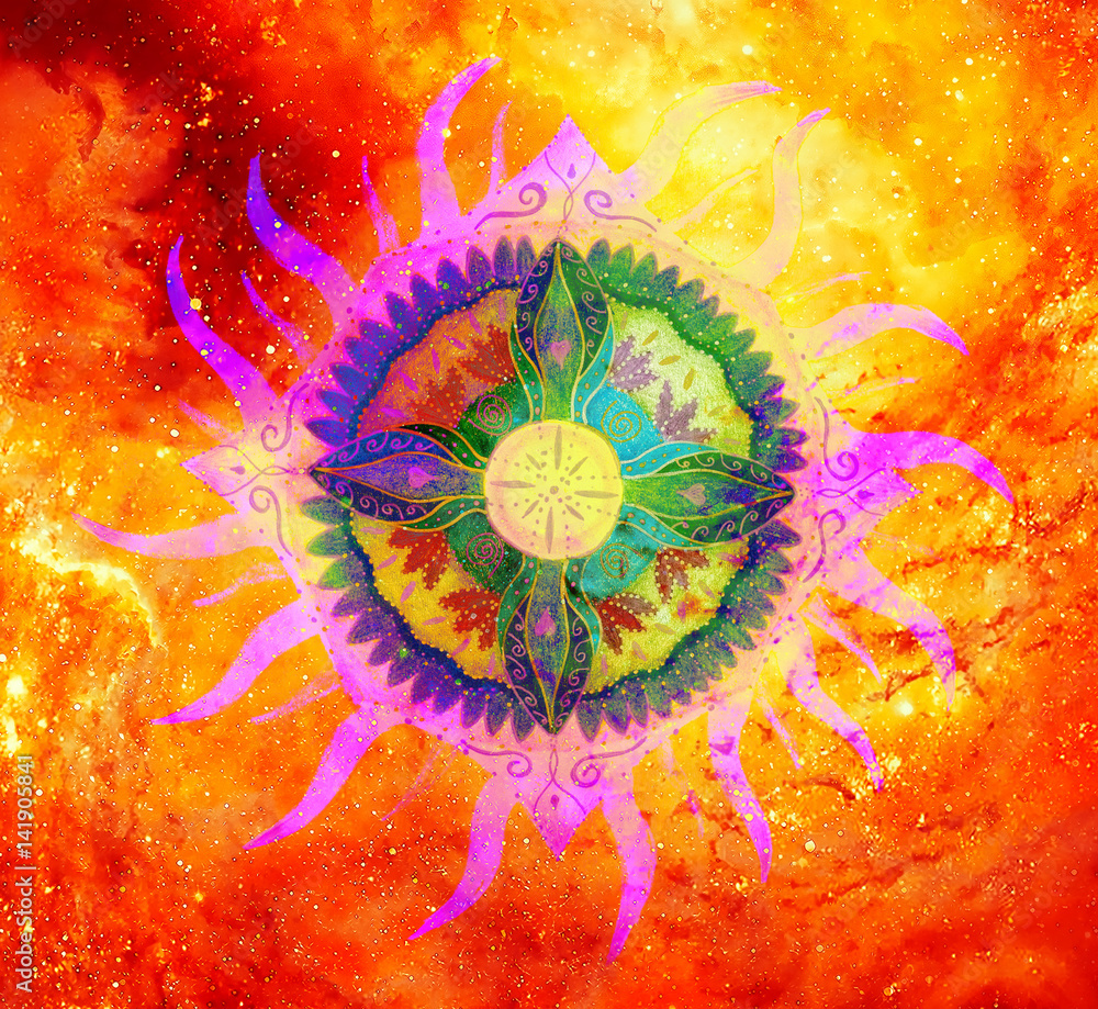 Poster ornamental mandala on abstract structured background with graphic effect.
