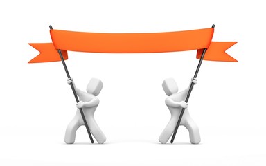 Two 3D character stretch red banner. 3d illustration