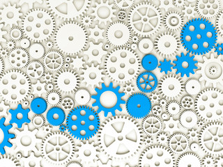 Gears and cogs. Some of gears colored in red. 3d illustration