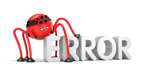 Red robot spider and word ERROR. Internet metaphor. 3d illustration