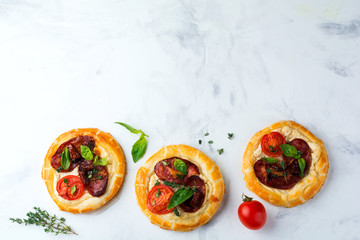 Mini tarts with dried meat, tomatoes, ricotta, thyme, basil and olives on a light background....