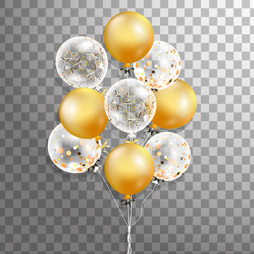 Set of Gold, white transparent helium balloon isolated in the air . Frosted party balloons for event design. Party decorations for birthday, anniversary, celebration. Shine transparent balloon.