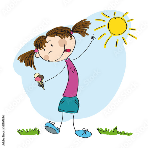 "Little girl holding ice cream original hand drawn illustration