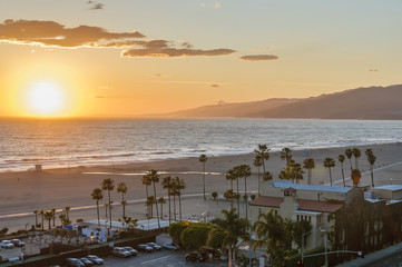 Santa Monica beach at sunset, in Southern California