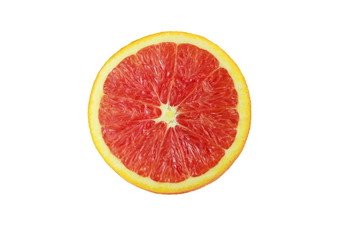 Isolated juicy ripe red orange fruit slice on white background