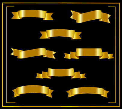 Set of gold ribbons. Ribbon on a black background. Vector illustration. Golden ribbons various forms.