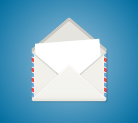 Envelope with blank letter vector on the blue background.