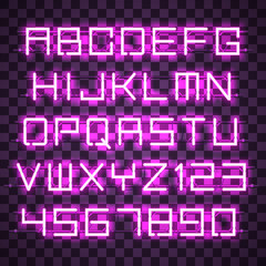Glowing purple Neon Alphabet with letters from A to Z and digits from 0 to 9 with wires, tubes, brackets and holders. Shining and glowing neon effect. Every letter or digit is separate unit.