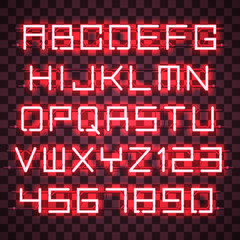 Glowing red Neon Alphabet with letters from A to Z and digits from 0 to 9 with wires, tubes, brackets and holders. Shining and glowing neon effect. Every letter or digit is separate unit.