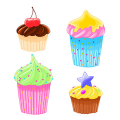 Set of four icons in cartoon style delicious muffins with frosting, chocolate and cherry.