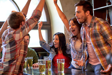 football fans or friends with beer at sport bar