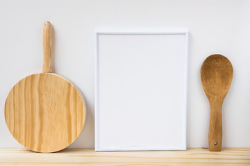 Frame mockup, wood cutting board and spoon on white background, product marketing, website banner, blogging