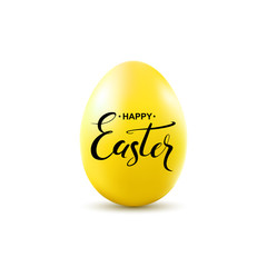 Happy Easter handwritten calligraphy lettering on yellow egg isolated on white background. Vector illustration.