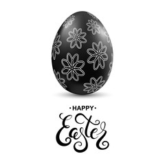Black egg with flower pattern and handwritten calligraphy lettering. Happy easter card template. Vector illustration.