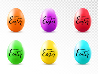 Happy Easter handwritten calligraphy lettering on colorful eggs set isolated on transparent background. Vector illustration.