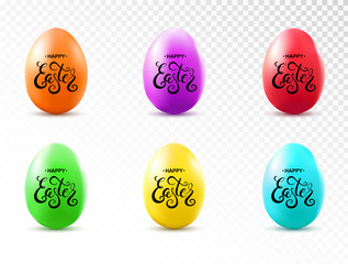 Happy Easter handwritten calligraphy lettering on colorful eggs set isolated on transparent background. Vector illustration.