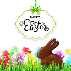 Happy easter card with paper frame with bow, grass, colorful eggs and chocolate rabbit.  Handwritten calligraphy lettering. Vector illustration.