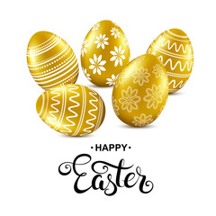 Happy easter card with handwritten calligraphy lettering, gold eggs. Vector illustration.