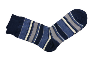 Pair of socks with blue, white, black and grey stripes isolated on white background. Close up, high...