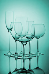 Set of empty glasses for wine, water, champagne and cocktails
