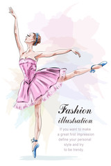 Young and beautiful ballerina posing and dancing in fashion pink dress. Vector illustration. - obrazy, fototapety, plakaty