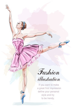 Young and beautiful ballerina posing and dancing in fashion pink dress. Vector illustration.