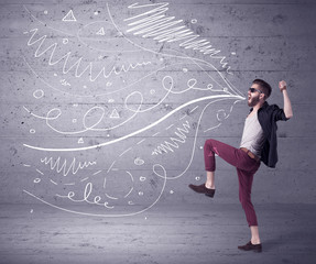 Funny shouting hipster with drawn lines