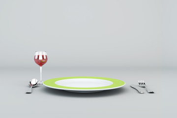 Photorealistic Empty Green plate with wine, spoon, knife and fork on grey background