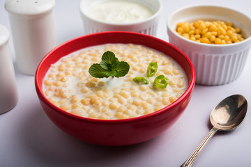 Dahi Bundi or Boondi Raita, favourite indian started or side dish made using Rajasthani snack food made from sweetened, fried chickpea flour, called Boondi with sweet and salty curd or buttermilk © StockImageFactory