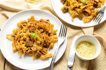 Noodles pasta with ground beef and tomato