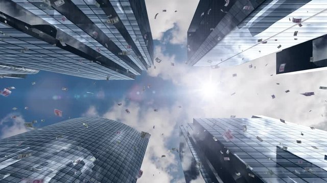 Building Skyscraper City Sky. Money falling from sky.
