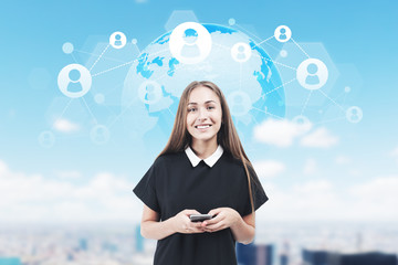 Woman with phone, network and Earth