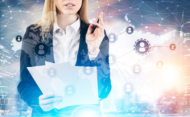 Close up of woman with papers, network sketch